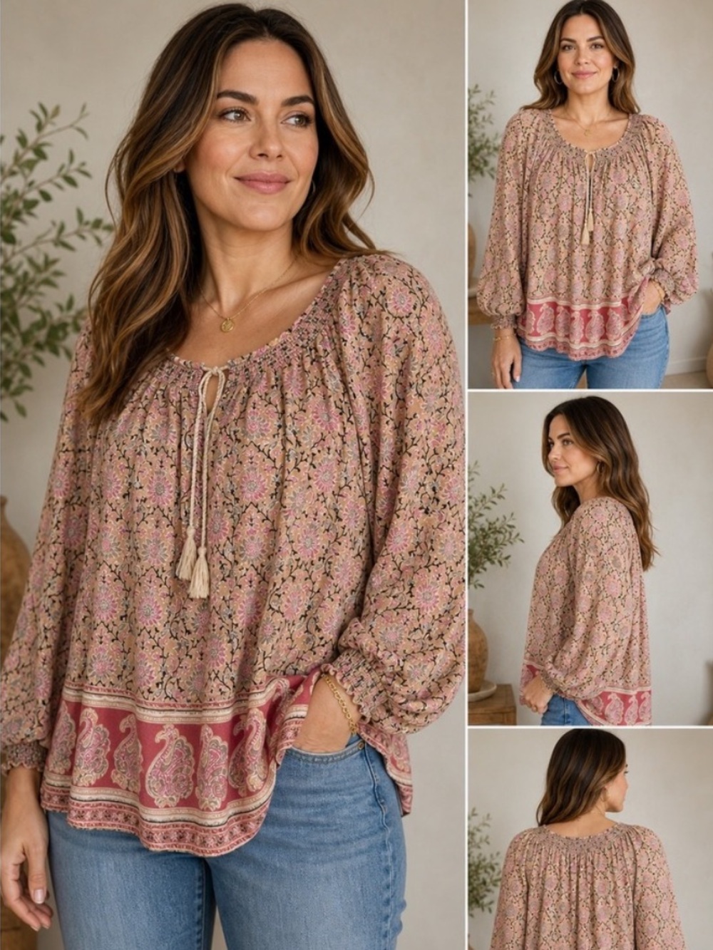 Lucky Brand Plus Size Boho Floral Paisley Tassel Flowy Peasant Top Blush Pink 2X